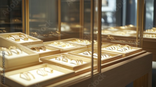 Luxurious gold bracelets displayed in a jewelry store, high-end retail showcasing gold jewelry, close-up shot