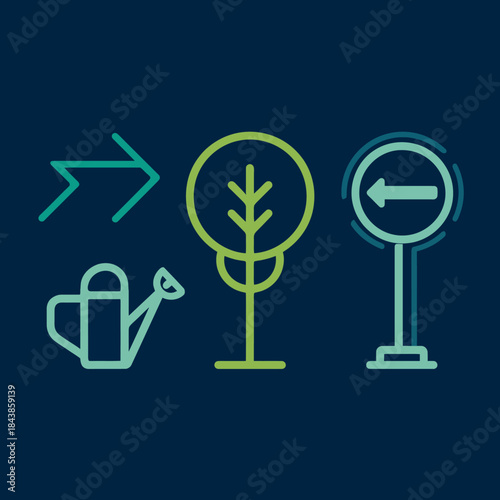 Conceptual illustration of environmental growth, sustainability, and process with eco-friendly line art icons on dark background.