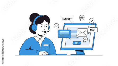 Friendly customer service representative providing online assistance, technical support, and help desk solutions through digital communication channels