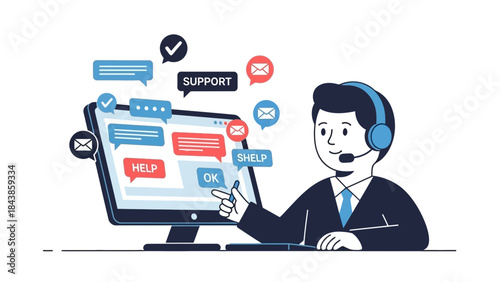 Professional male customer service agent provides live online support and technical assistance through a digital chat interface, ensuring efficient communication and problem resolution