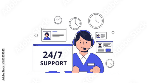24/7 customer support illustration with a smiling support agent wearing a headset and a computer screen displaying helpful information