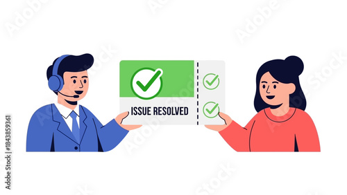 Customer service representative holding a ticket confirming that an issue has been resolved with a customer