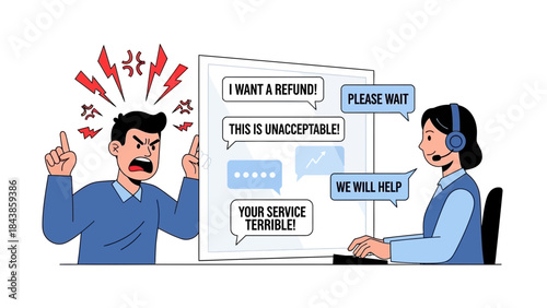 Customer service representative dealing with angry customer's complaints via online chat