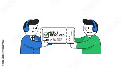Customer service representatives resolving an issue, symbolized by a resolved ticket, highlighting effective problem-solving and client satisfaction in a professional setting