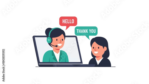 Customer service representative on a laptop screen talking to a client with speech bubbles saying hello and thank you
