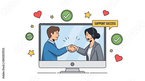 Illustrating a successful business partnership and collaborative teamwork, depicted through a digital handshake on a computer screen
