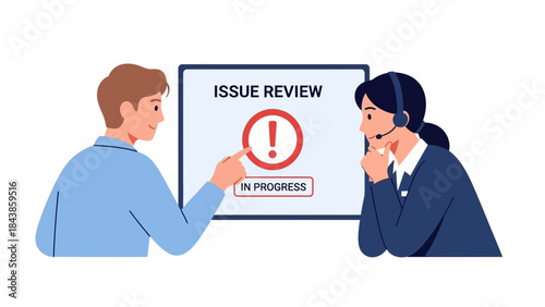 Two People Reviewing an Issue in Progress on a Digital Screen with an Exclamation Mark Icon