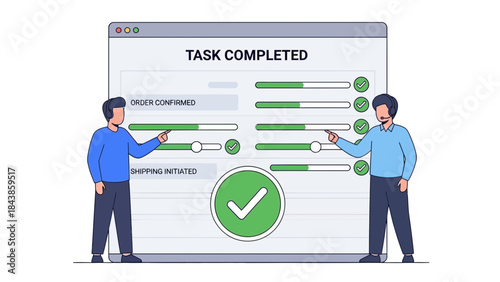 Successful task completion with progress bars and checkmarks, symbolizing accomplishment and achievement