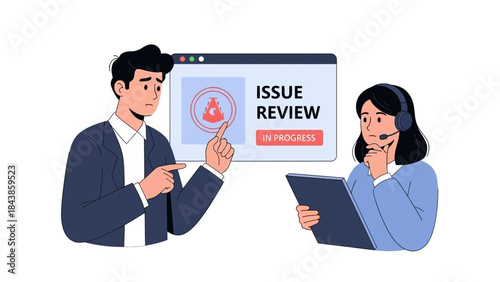 Illustration of a business team collaboratively reviewing and addressing an online issue with customer support, showcasing efficient problem resolution process