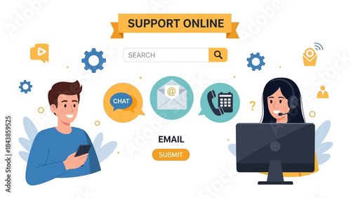 Online customer support and services, featuring a man using a smartphone and a woman with a headset assisting