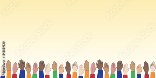Diverse Hands Raised in Unity and Participation Concept Against a Soft Yellow Background