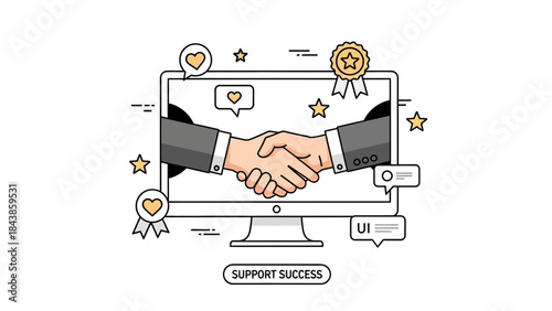 Successful digital partnership concept Hands shaking through a computer monitor, symbolizing online collaboration, mutual agreement, support, and shared achievement