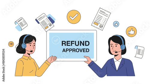 Refund Approved Message Displayed on Tablet with Customer Service Representatives, Documents, and Icons