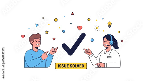Effective customer service and successful problem resolution depicted by two happy individuals pointing to a large checkmark with 'Issue Solved', symbolizing achievement and excellent support