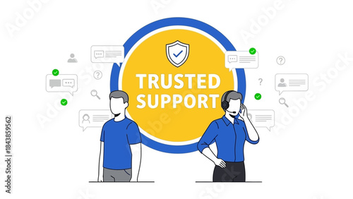Modern flat design illustration representing reliable customer service, expert assistance, and dedicated online support for businesses and users