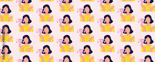 Women’s health illustration banner about menstruation, woman holding uterus and pain relief pills on pink background, period pain and healthcare concept