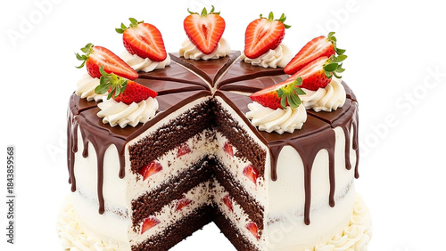 Delicious gourmet chocolate cake dessert with fruit and sweet icing on a white plate isolated on transparent background