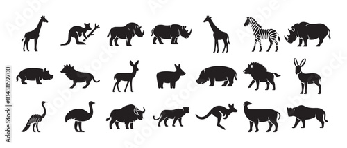 Set of african savannah animals flat icons including giraffe kangaroo rhino zebra warthog kudu and baboon