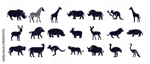 Collection of wild african and australian animals flat icons including rhino zebra giraffe and kangaroo