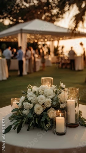 Elegant outdoor wedding reception at sunset