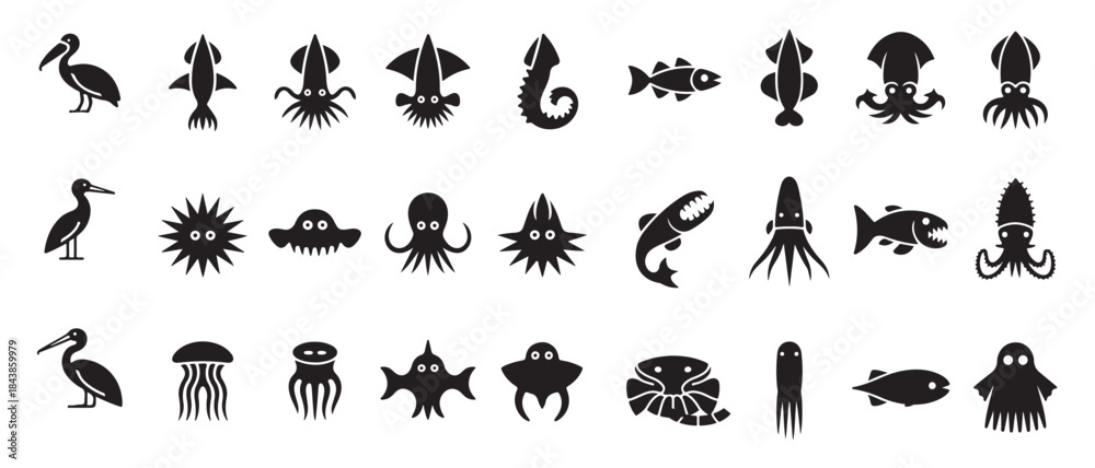 Fototapeta premium Wide set of ocean and marine life icons including squid fish jellyfish octopus and crab simple aquatic fauna