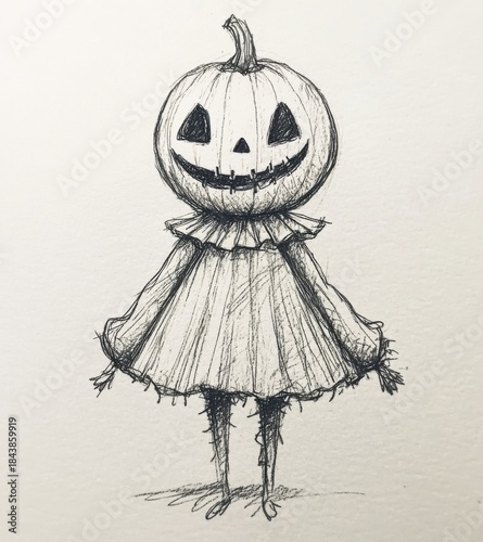 Pencil sketch of pumpkin character in vintage dress, hand drawn illustration
