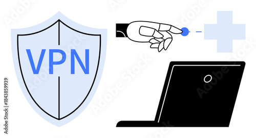 Digital privacy, cybersecurity, VPN services, telemedicine, AI automation, secure online access. Shield labeled VPN, robotic hand with a point medical cross and laptop. Digital privacy