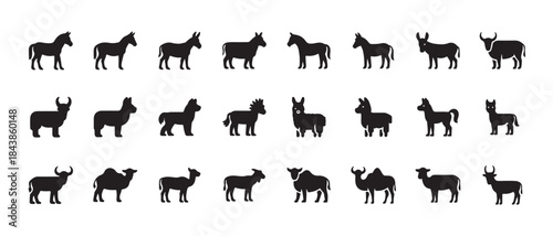 Domesticated and wild animal silhouettes set equines bovines caprines camels icons collection isolated