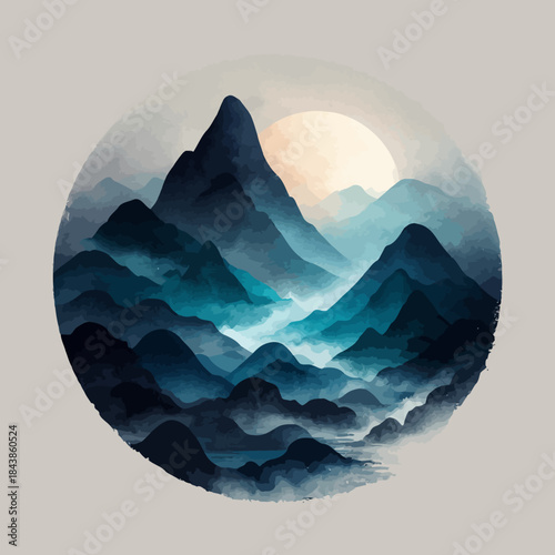 Serene watercolor mountain landscape with misty layers and rising sun in a circular frame. Tranquil nature art illustration.