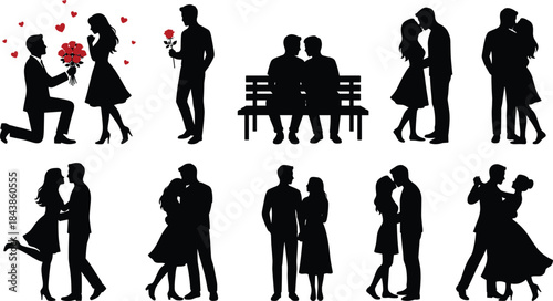 Romantic couple silhouette set with proposal kissing hugging dancing and dating moments isolated on white background vector illustration