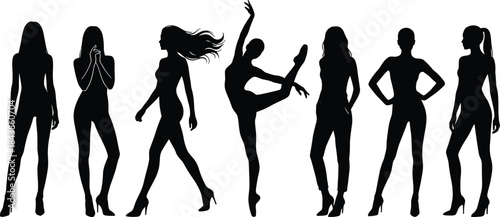 Stylish female body silhouettes collection showing elegant women poses, dance movement, fashion confidence, modern attitude, black isolated vector set