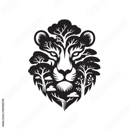Nature Lion Head Logo—Black and White Silhouette of a Lion and Forest Trees, Wildlife Conservation Symbol