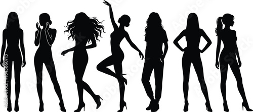 Stylish female body silhouettes collection showing elegant women poses, fashion confidence, modern attitude, dynamic movement, black isolated vector set