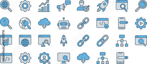 Collection of blue and gray outline vector icons representing various essential search engine optimization concepts and tools
