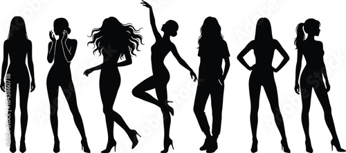 Stylish female body silhouettes collection showing elegant women poses, dynamic movement, fashion confidence, modern attitude, black isolated vector set