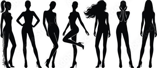 Stylish female body silhouettes set featuring elegant women poses, confident curves, fashion attitude, modern style, black isolated vector collection
