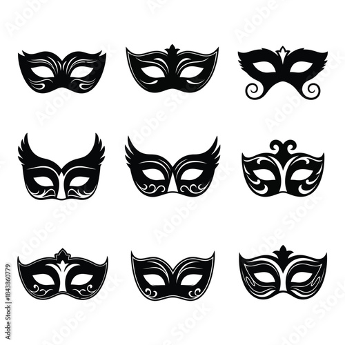 Collection of various black masks on white background