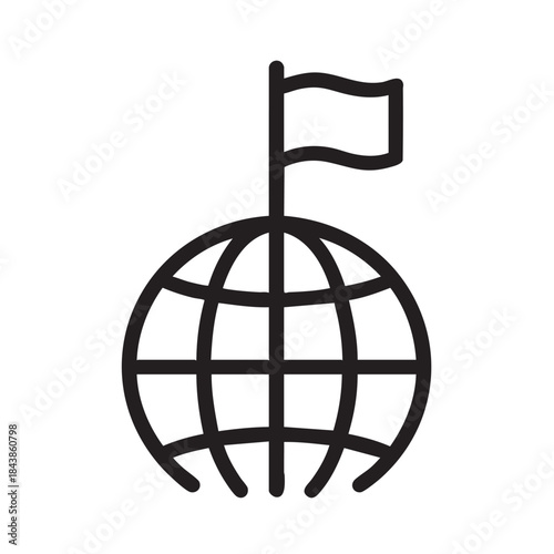 A simple black and white illustration depicts a globe with a flag on top representing international affairs