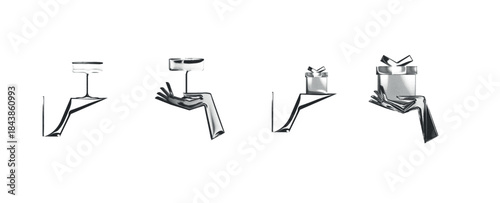 Luxury chrome abstract metallic hand holding gift or glass. Minimalist winter greeting design for Christmas, New Year, celebration, premium branding, fashion and  editorial use.