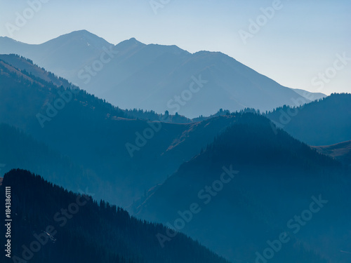 Cuadro en lienzo Layered blue mountain ridges with pine forest silhouettes, atmospheric minimalis