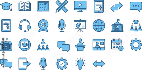 Collection of blue line art icons representing education learning technology and online communication tools