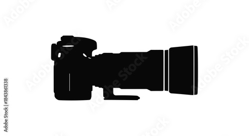 A striking black silhouette of a professional dslr camera with a large zoom lens silhouette