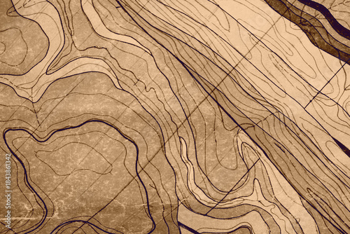 Abstract background with wavy lines of a geological map in beige and brown tones. Texture of relief and topographic contours for wallpaper