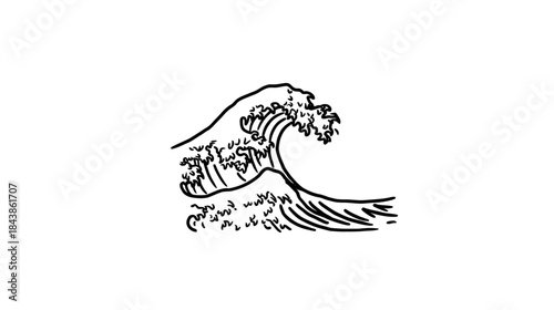 Hand-drawn line art illustration of a powerful ocean wave crashing with sea foam, minimalist black and white vector design.
