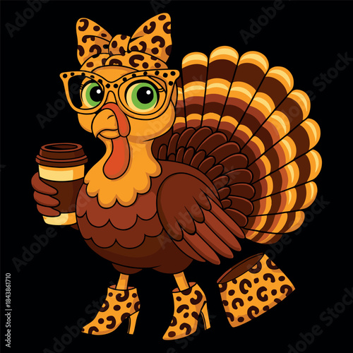 cute turkey drinking coffee fall flat vector illustration