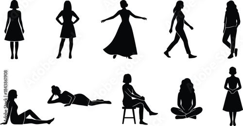 Collection of female silhouettes showing diverse standing sitting walking and reclining poses isolated on white background vector illustration