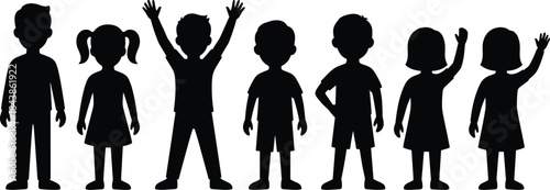 Cute kids silhouettes set showing boys and girls standing waving and cheering poses isolated on white background illustration