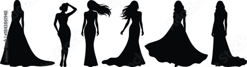 Elegant female gown silhouettes collection showcasing stylish women poses, flowing dresses, long hair, luxury fashion glamour, black isolated vector set