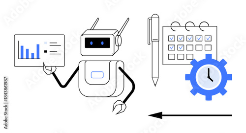 Automation concept. Automation with robot analyzing data and managing tasks efficiently. Automation streamlining processes for scheduling, workflow, and productivity. For AI, logistics, tech