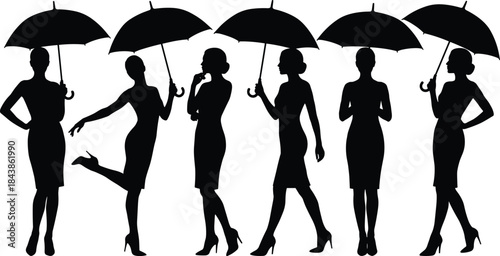 Elegant women with umbrella silhouettes set showing female poses, rain protection, fashion style, walking standing, black isolated vector collection